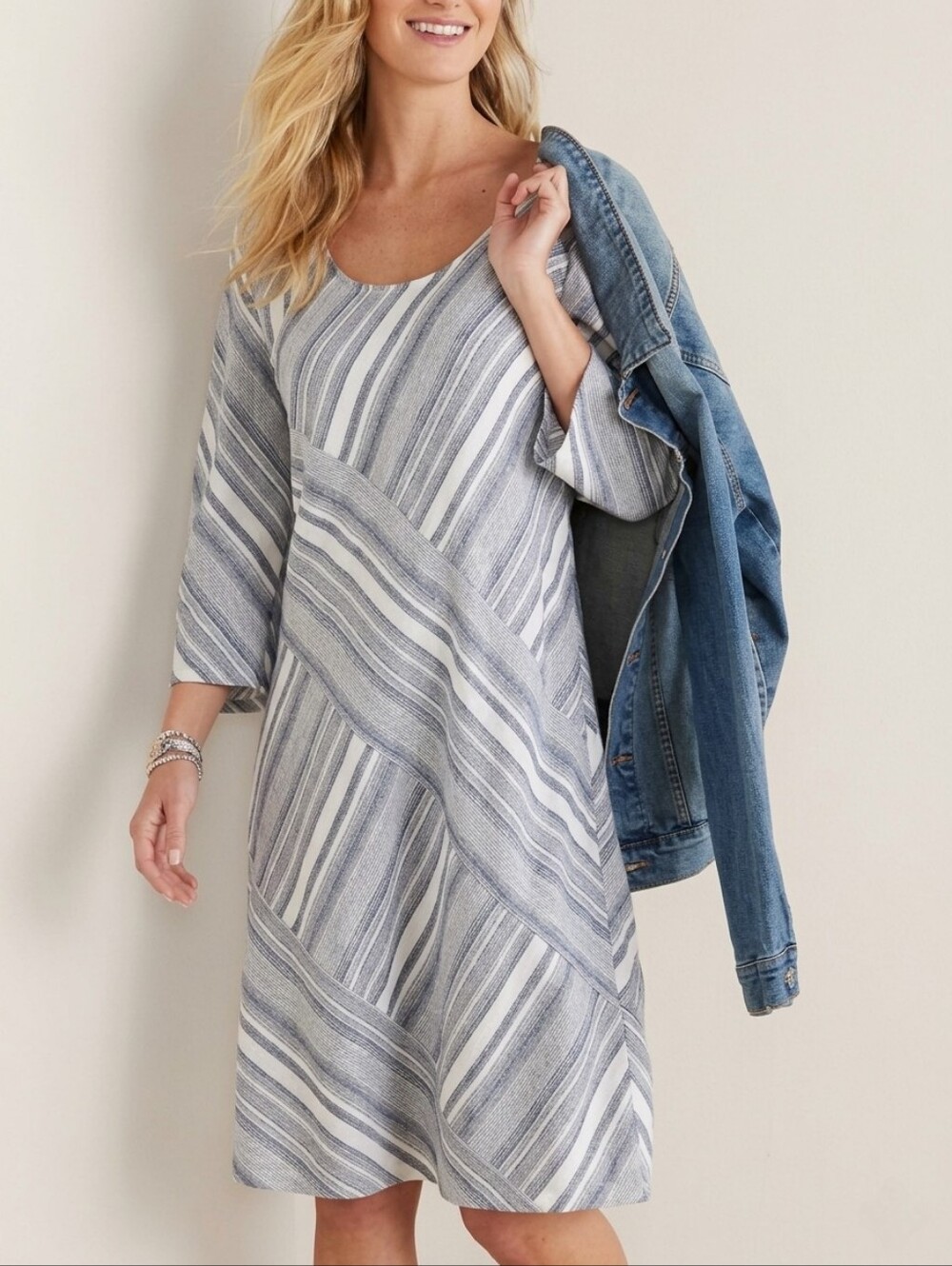 SOFT SURROUNDINGS Sonya Blue Striped Linen Dress Pockets Coastal Size L PETITE